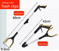 Foldable aluminium garbage pick-up clamp with extended pincers and a coloured handle, shown next to its magnet sucker attachment.