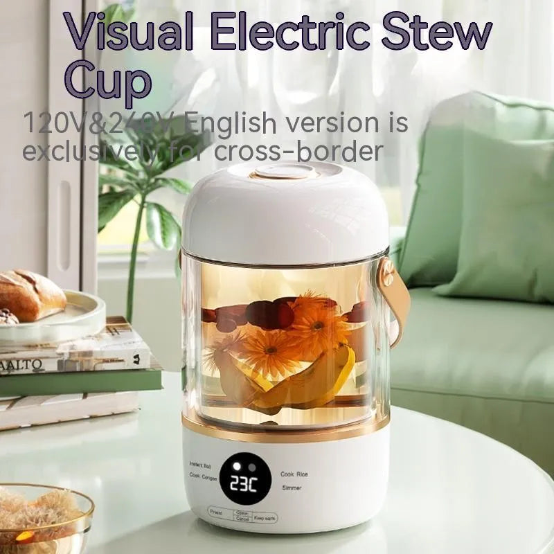 Smart electric stew cooker with glass liner in transparent or invisible version options