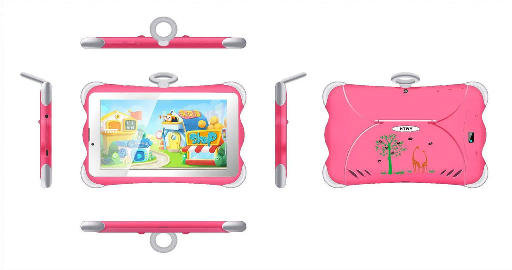 A 7-inch cartoon-coloured children's learning tablet positioned on its included stand, showing the IPS screen.