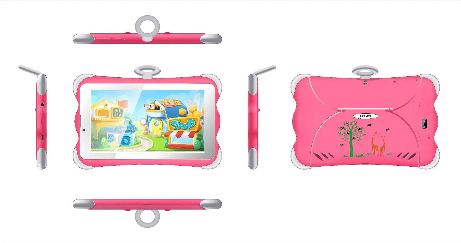 A 7-inch cartoon-coloured children's learning tablet positioned on its included stand, showing the IPS screen.