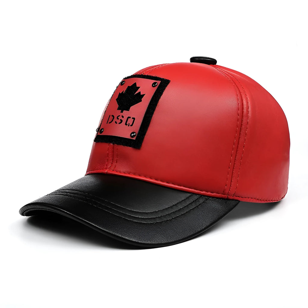 Lambskin genuine leather baseball cap, unisex adjustable one size, letter detail, blue black red options