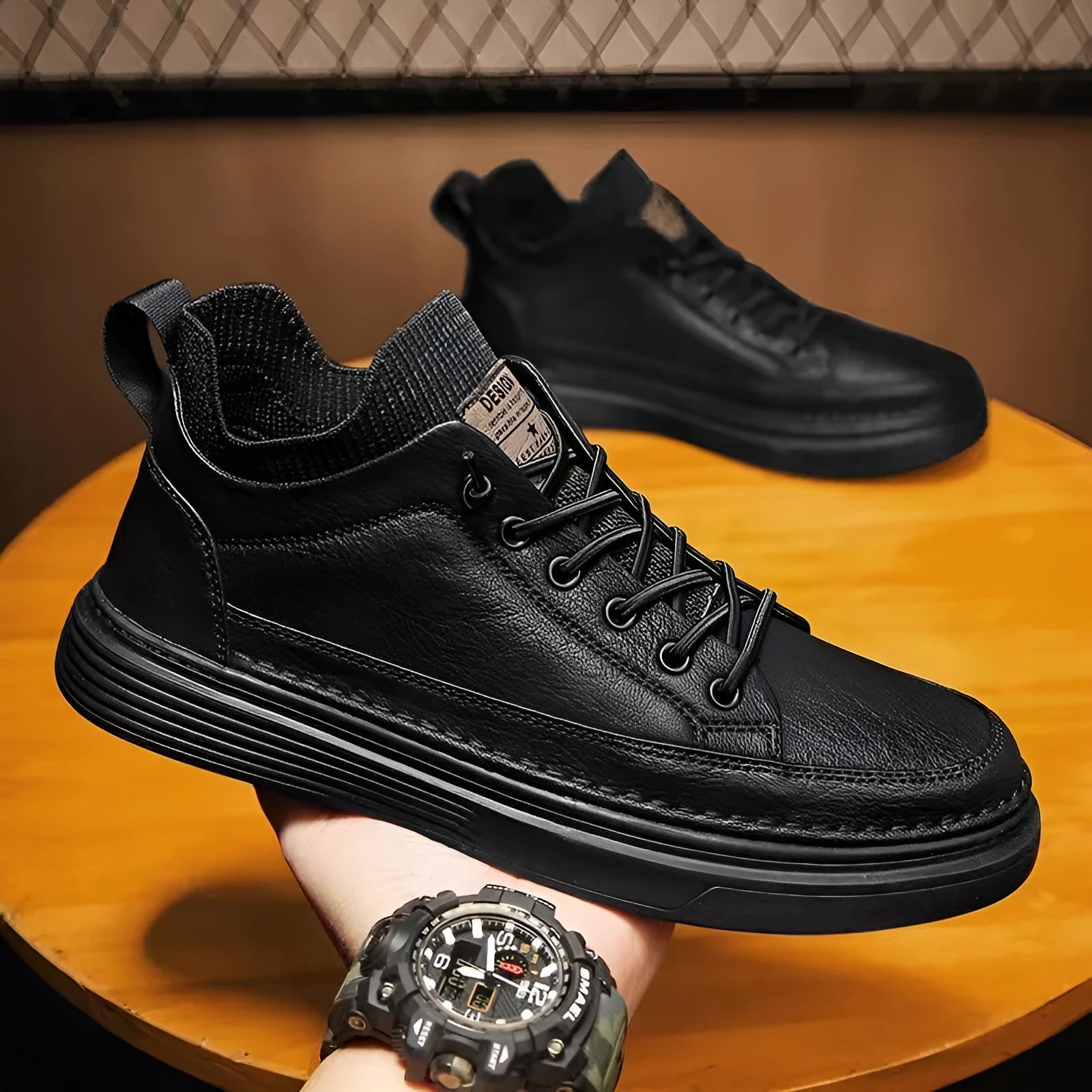 Men's black non-slip wear-resistant lightweight sneakers with EVA sole and PU upper, side view