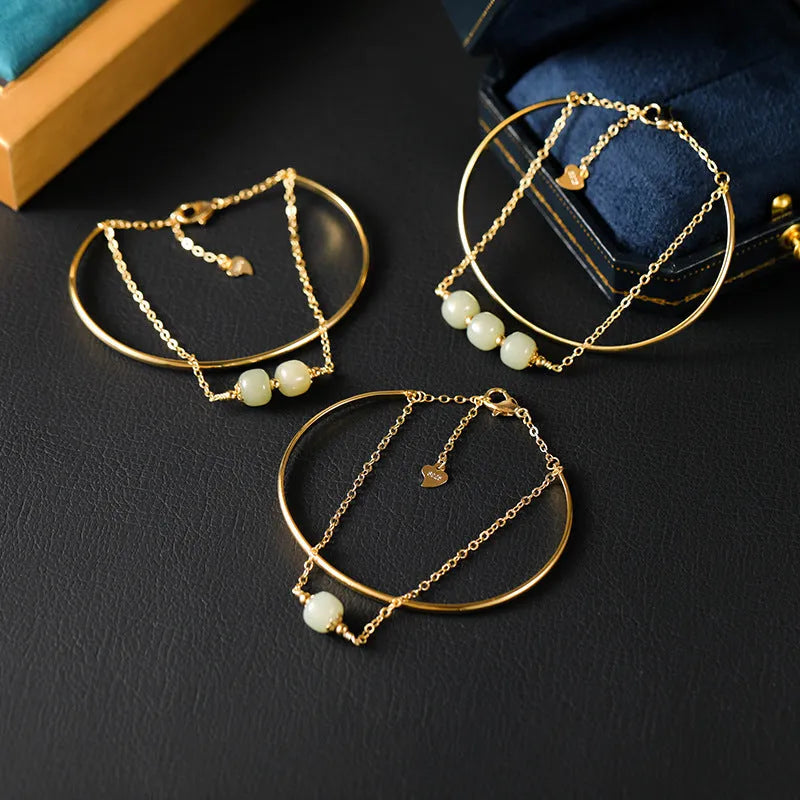 Hetian jade women's bracelet with gold inlay, shown in single, double, and three bead versions.