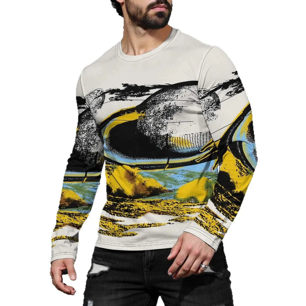 Men's long sleeve simple trendy round neck pullover top in milk silk fabric, available in multiple colours