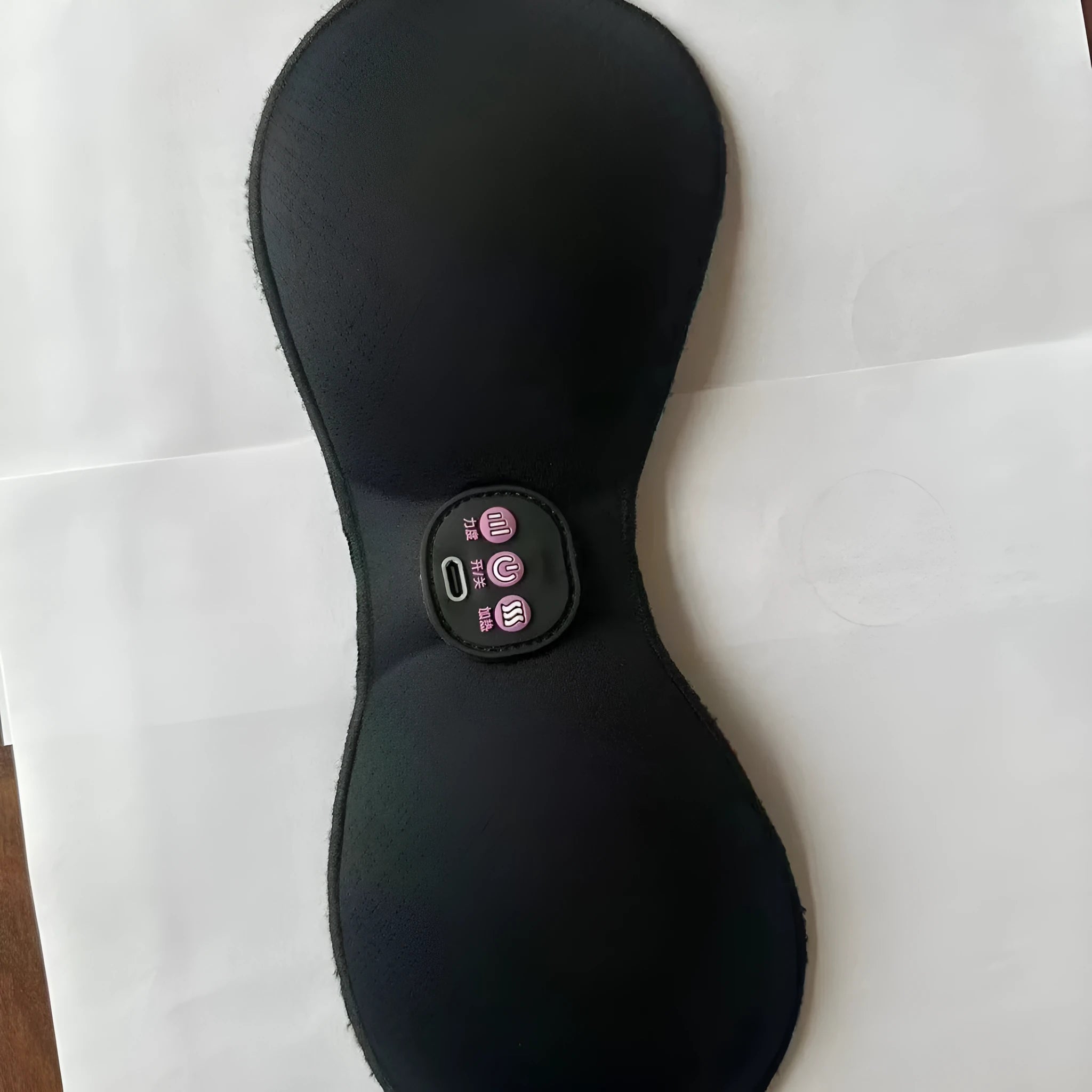 Black electric massage bra with inner cushion chest paste and three-key control panel for vibration massage therapy