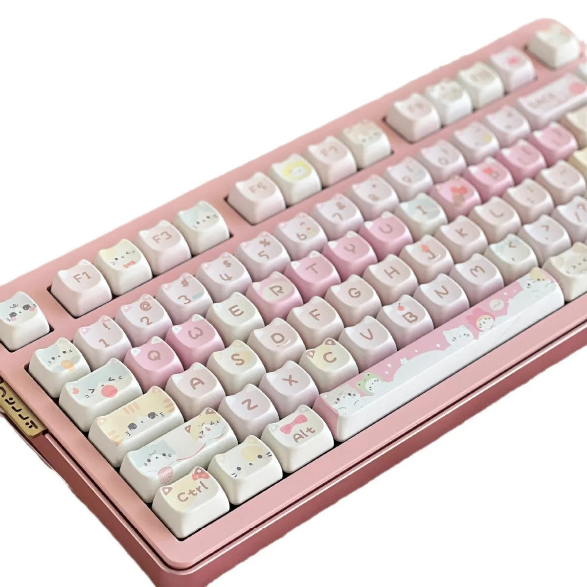 Meow Meow Team mechanical keyboard key cap set showing 141 keys with feline character artwork on all sides