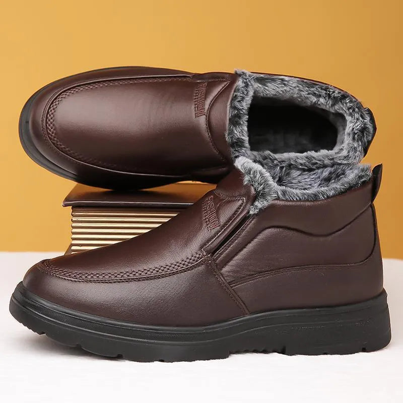 Men's black winter slip-on shoes with fleece lining and rubber sole