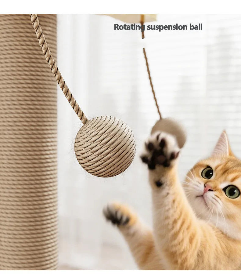 Windmill Hanging Ball Cat Climbing Frame, a 65cm tall pinewood tower with carpet leather and a dangling toy ball.