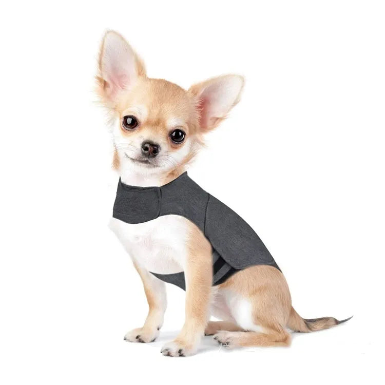 Heather grey dog anxiety vest made from brocade cotton fabric on a medium-sized dog.
