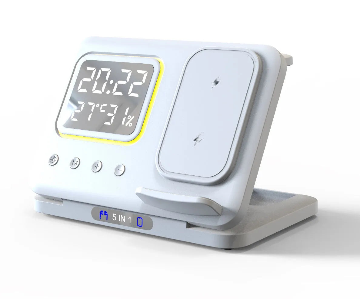 Black wireless charging station with digital display showing time and temperature, charging phone and watch