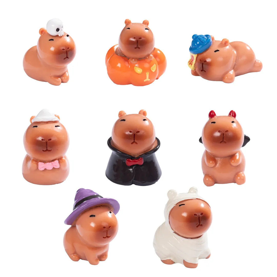 Cute capybara Halloween resin decoration figures in eight different costume designs including pumpkin and vampire.