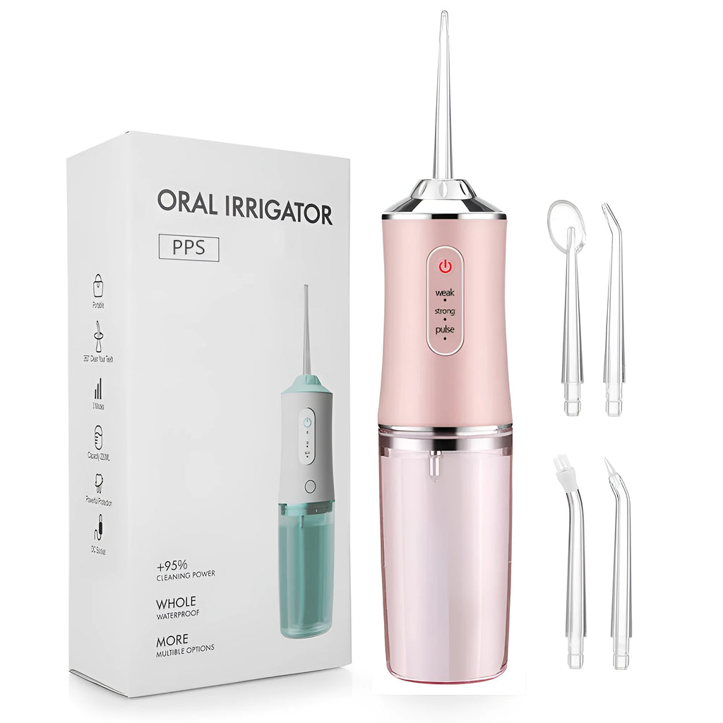 Handheld electric water pick in white, pink or light green with three speed settings, under 300mL tank, USB cable and four nozzles