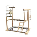 Pepper wood parrot play stand with integrated tiger skin peony toy and multi-level platforms.