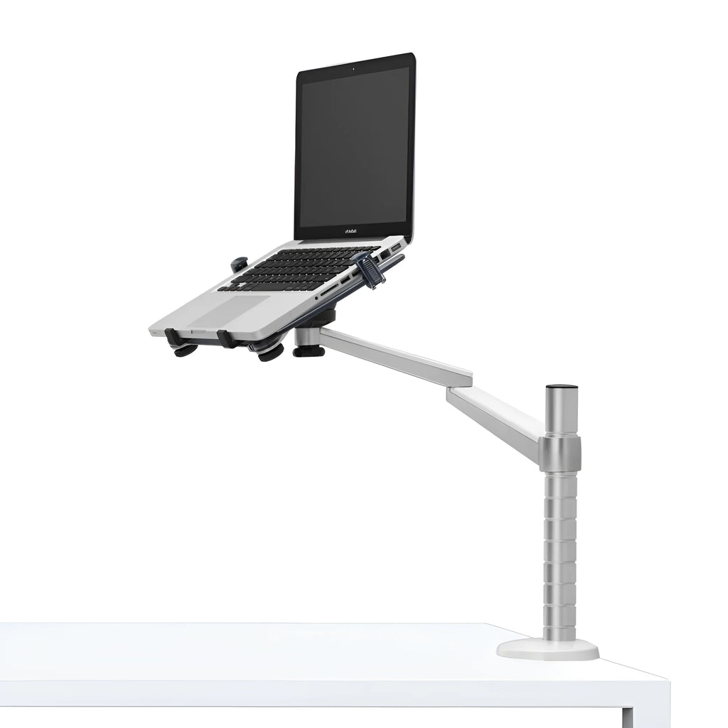 Silver aluminium alloy double-arm laptop stand with 310mm column height and clip-on desk mount