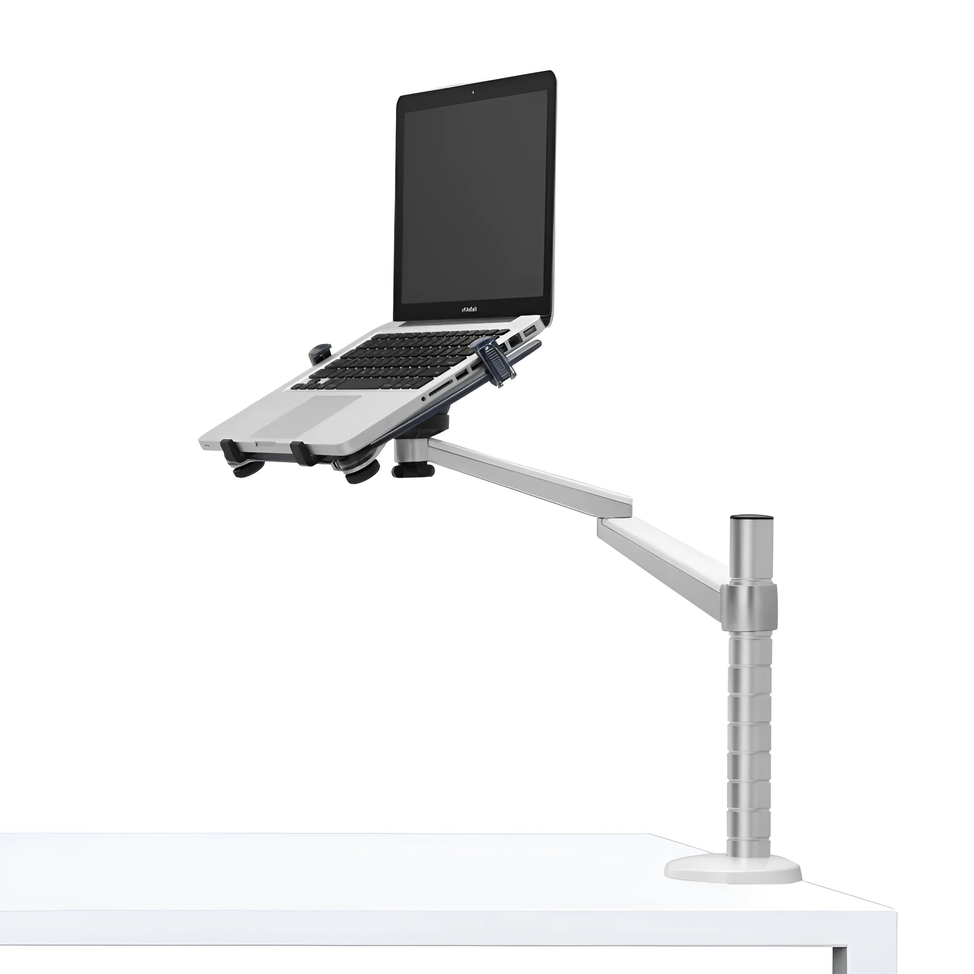 Silver aluminium alloy double-arm laptop stand with 310mm column height and clip-on desk mount