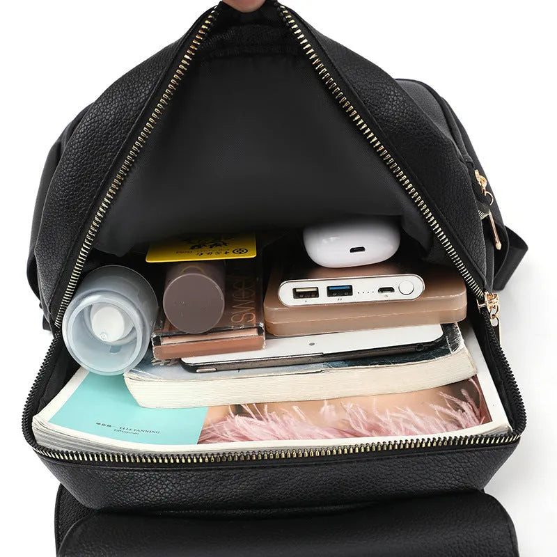 Women's casual backpack in soft PU leather with three-dimensional pockets and street trend styling
