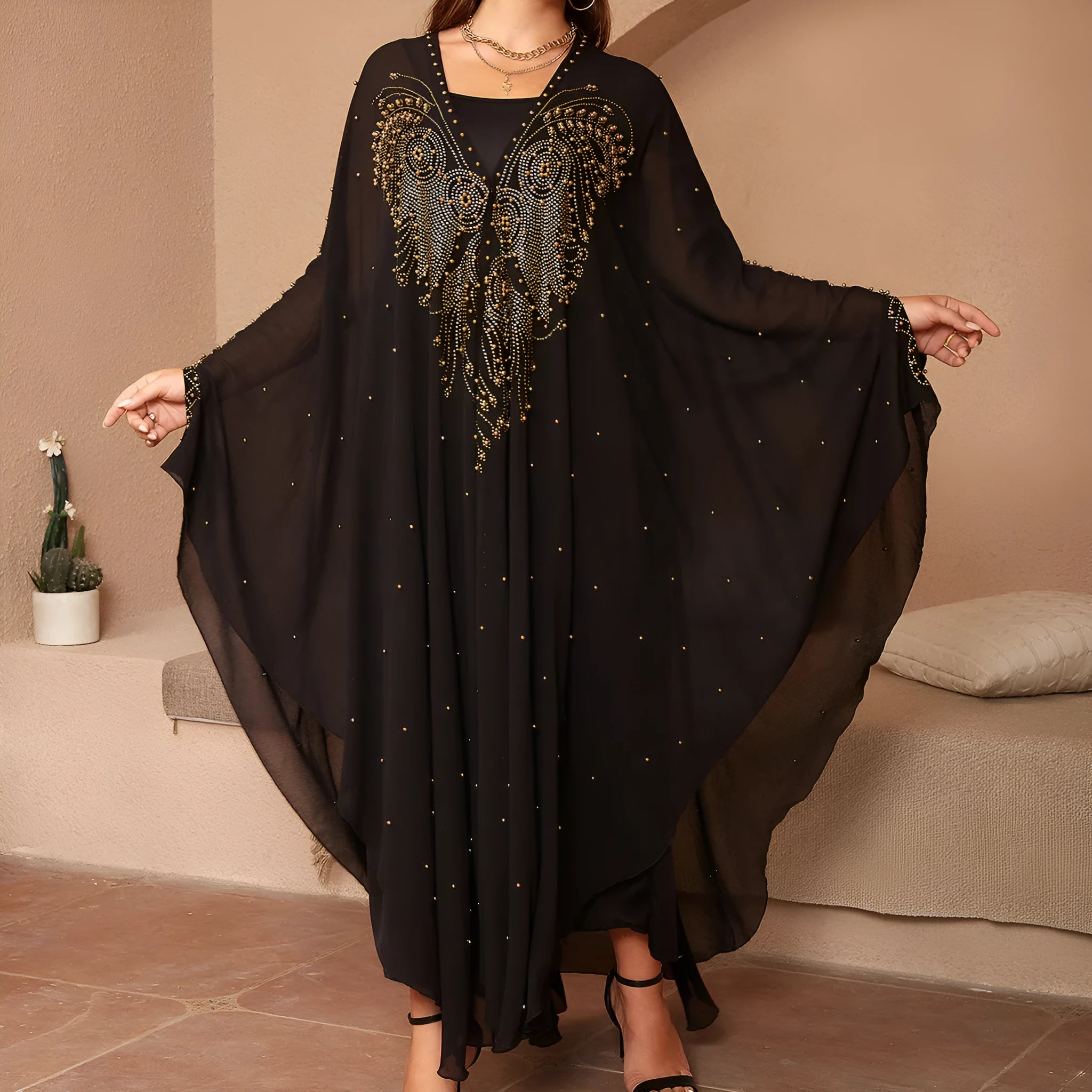 Purple chiffon Muslim-style shawl with rhinestone beading at 175cm length