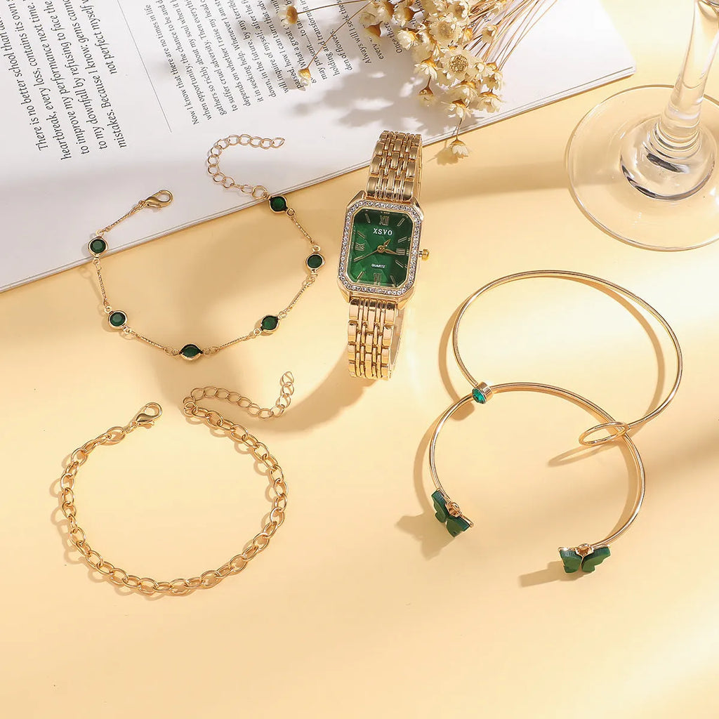 Gold green square women's watch with four matching butterfly bracelets in jewellery gift set