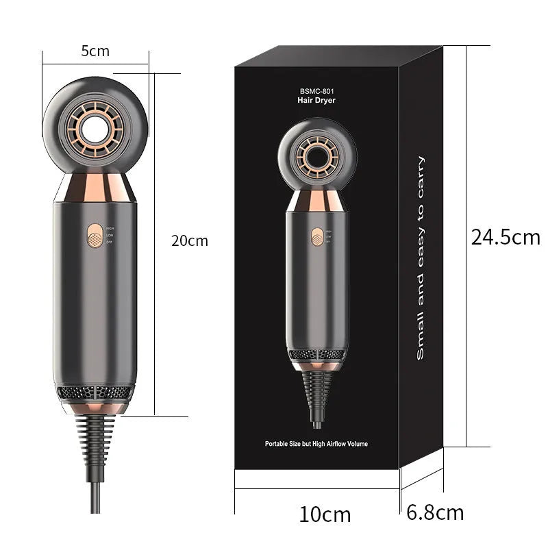 Leafless handheld hairdryer with foldable handle showing speed settings and nozzle