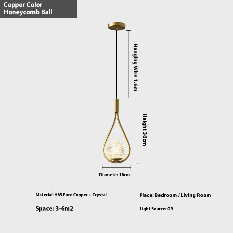 Modern minimalist copper bedside chandelier lamp with choice of light cover colours for bedroom.