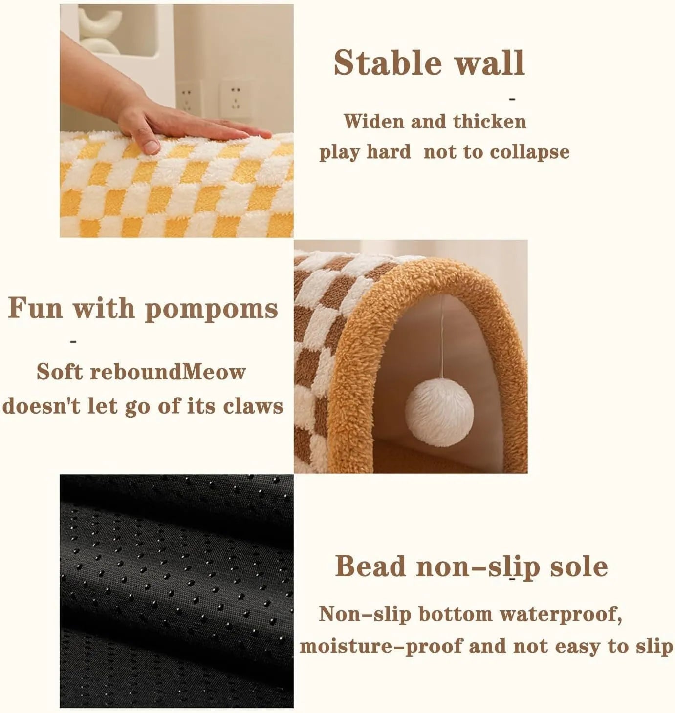 Plush plaid cat tunnel bed with non-slip bottom and central mat for indoor cats