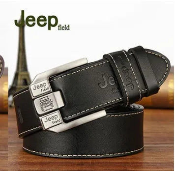 Men's leather belt with two-layer cowhide strap, alloy rectangular pin buckle and car suture detail