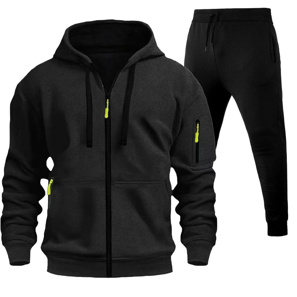 Men's sports hoodie set with zip-up front, multiple pockets, and wool lining in camel colour