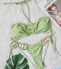 Plain green polyester bikini set for ladies, bra and shorts, sizes S M L