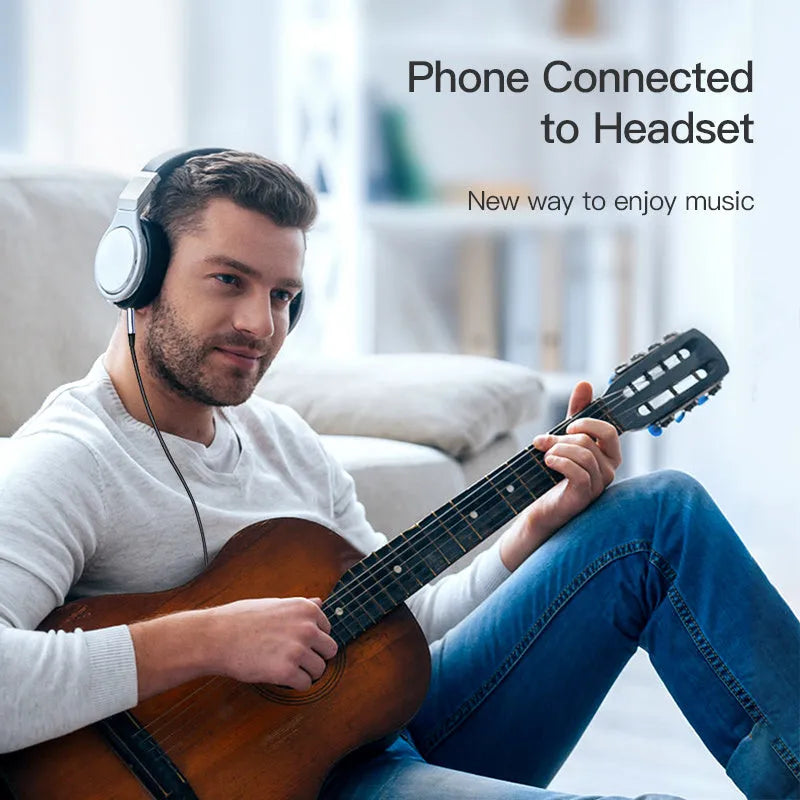 Silver and black nylon-braided audio cable for headphones and car adapters in three lengths.