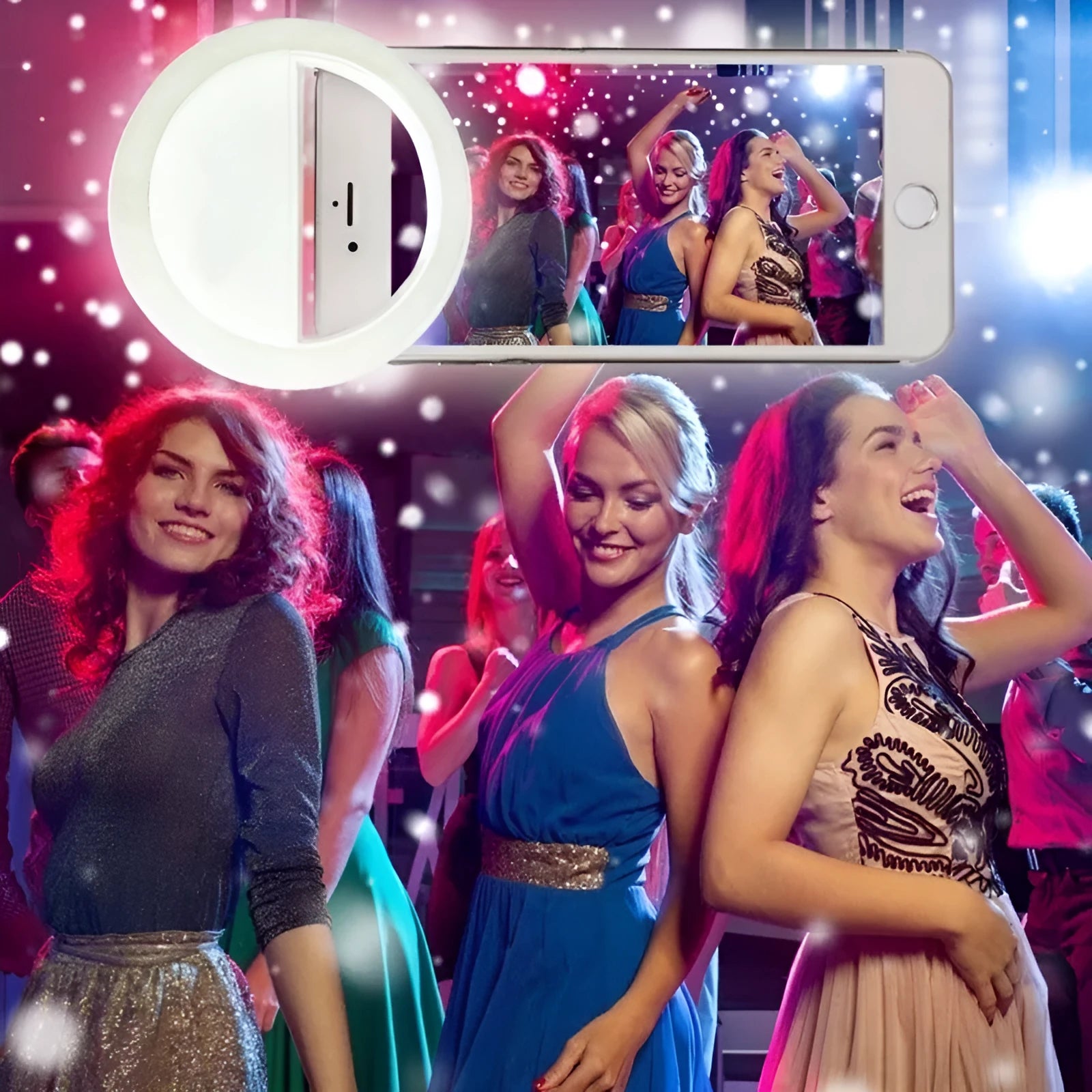 Green clip-on LED ring light attached to mobile phone for selfie photography lighting