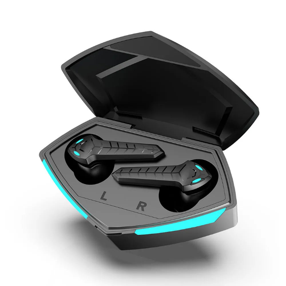 X15 wireless in-ear gaming headphones in black with charging case and cable.