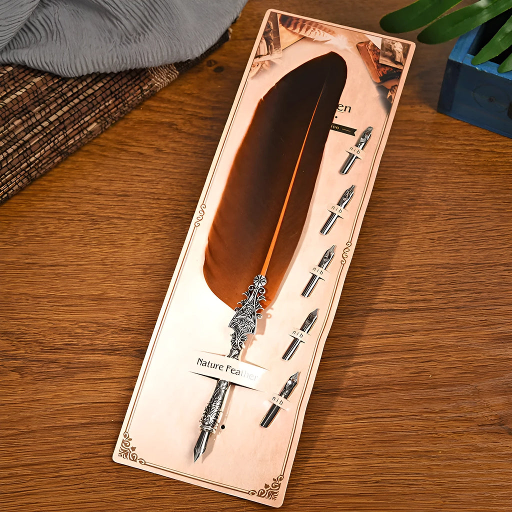 Vintage feather dip pen with zinc alloy holder in assorted colours on a wooden desk