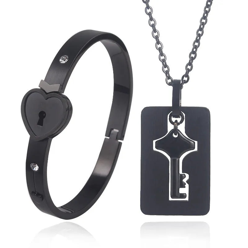 Titanium steel couple love lock bracelet key set necklace in electroplated finish