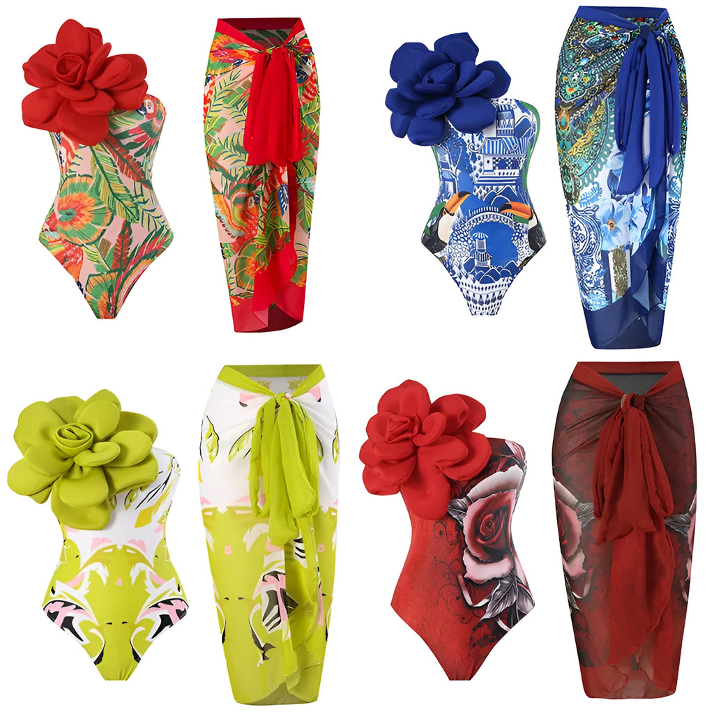 Women's fairy style long sleeve swimsuit top and gauze skirt cover-up set in a printed pattern.