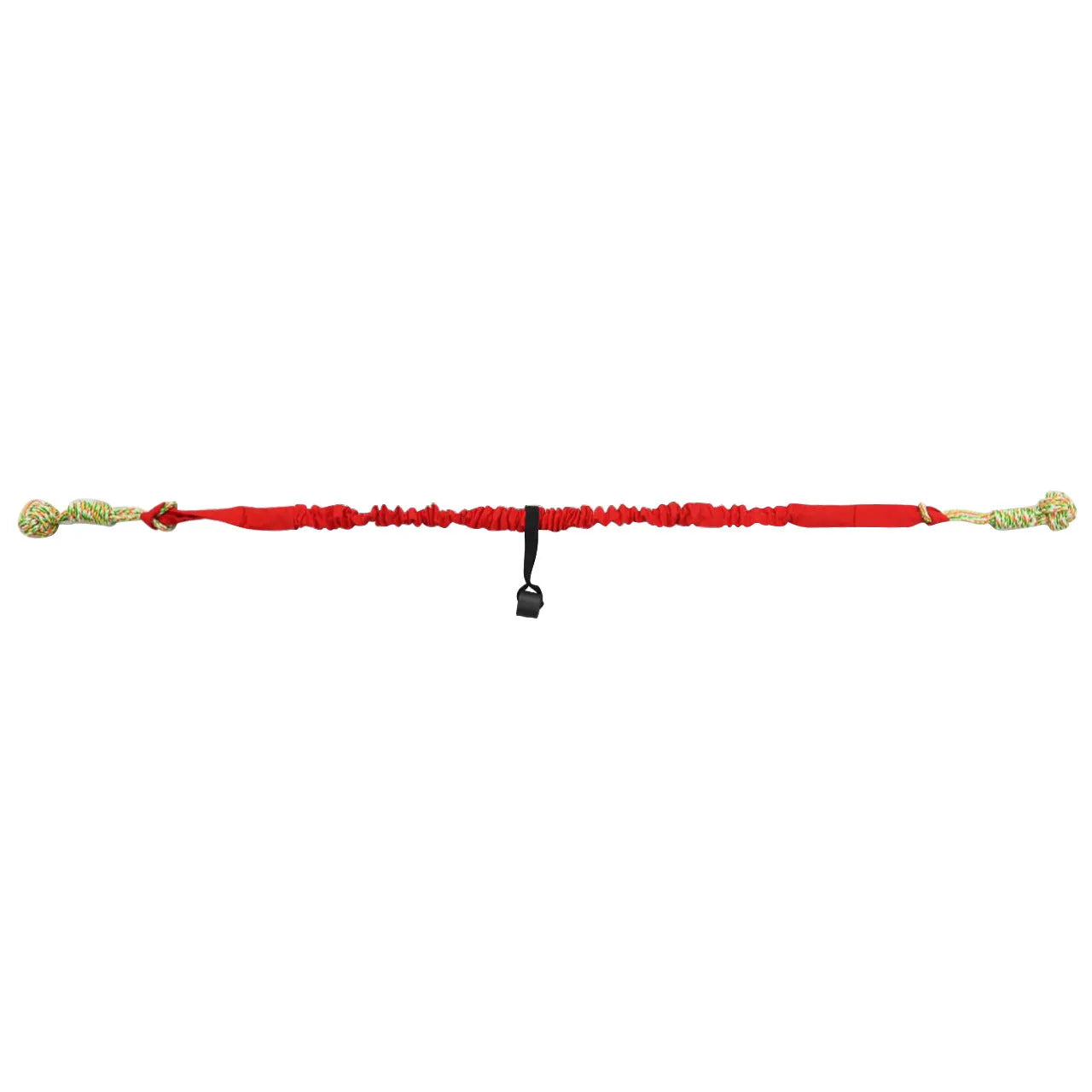A woven cotton rope dog tug toy in either black, grey, or red, held ready for a game of tug-of-war.