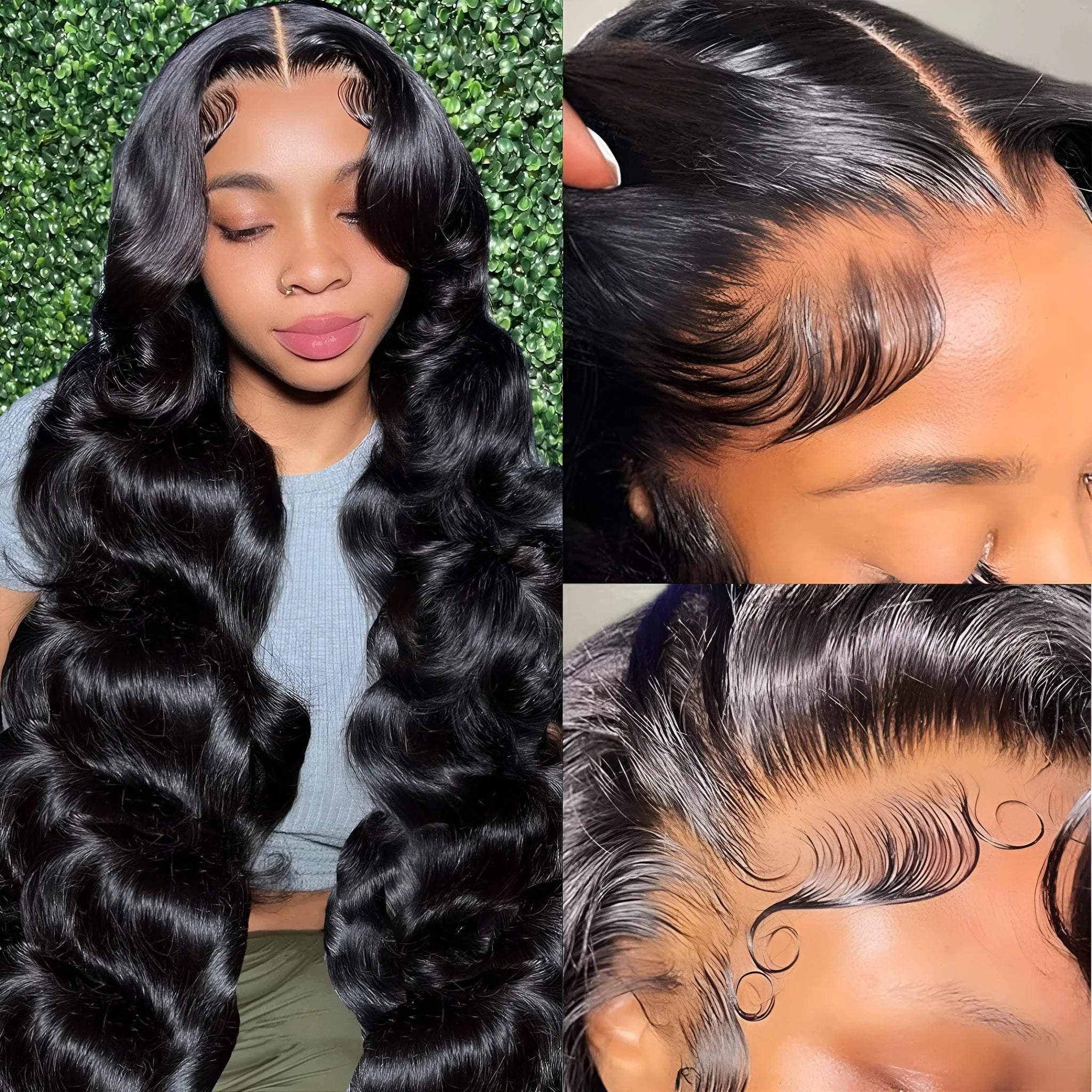 Black synthetic wig with long, wavy hair and a sheer lace front on a mannequin head.