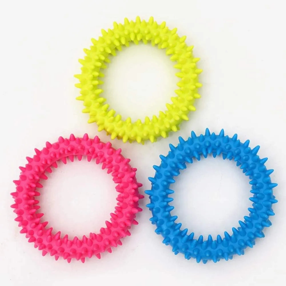 Blue spiky circle ring dog chew toy made from TPR for cleaning teeth and bite training.