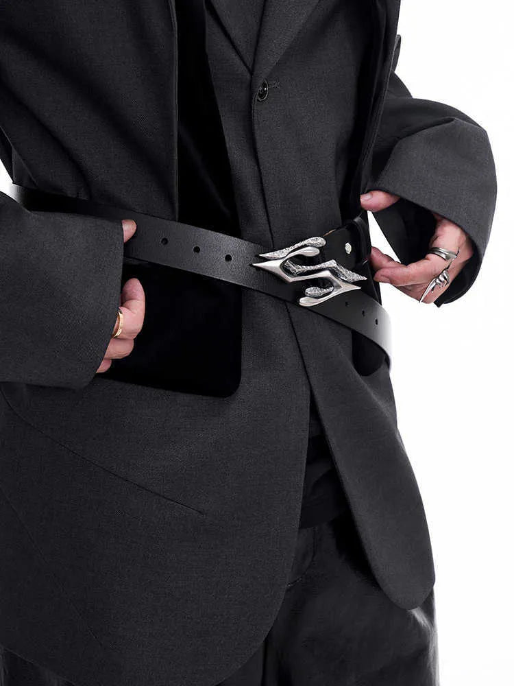 Black two-layer cowhide men's leather belt with a metal letter buckle, shown at 110cm length.