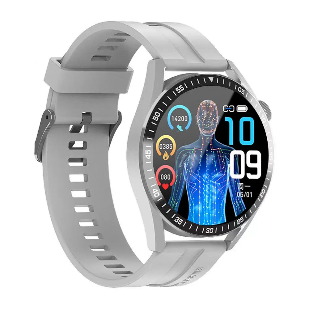 Black and white smart watch with TFT screen, blood pressure and heart rate monitoring, charger and strap included