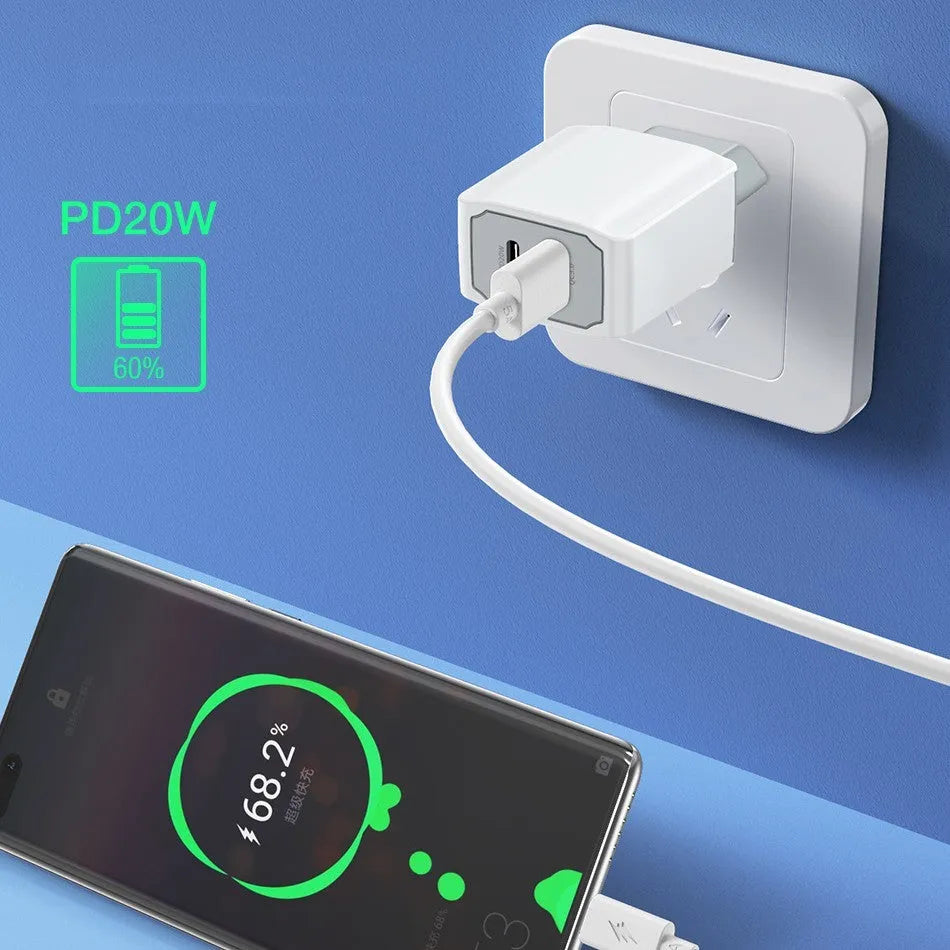 White universal phone fast charger set with European standard cable and compact dimensions