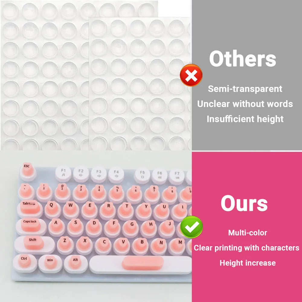 Silicone keyboard stickers 91 button set in black, pink, mint green, purple, and transparent, 17 x 11 x 1.5 cm