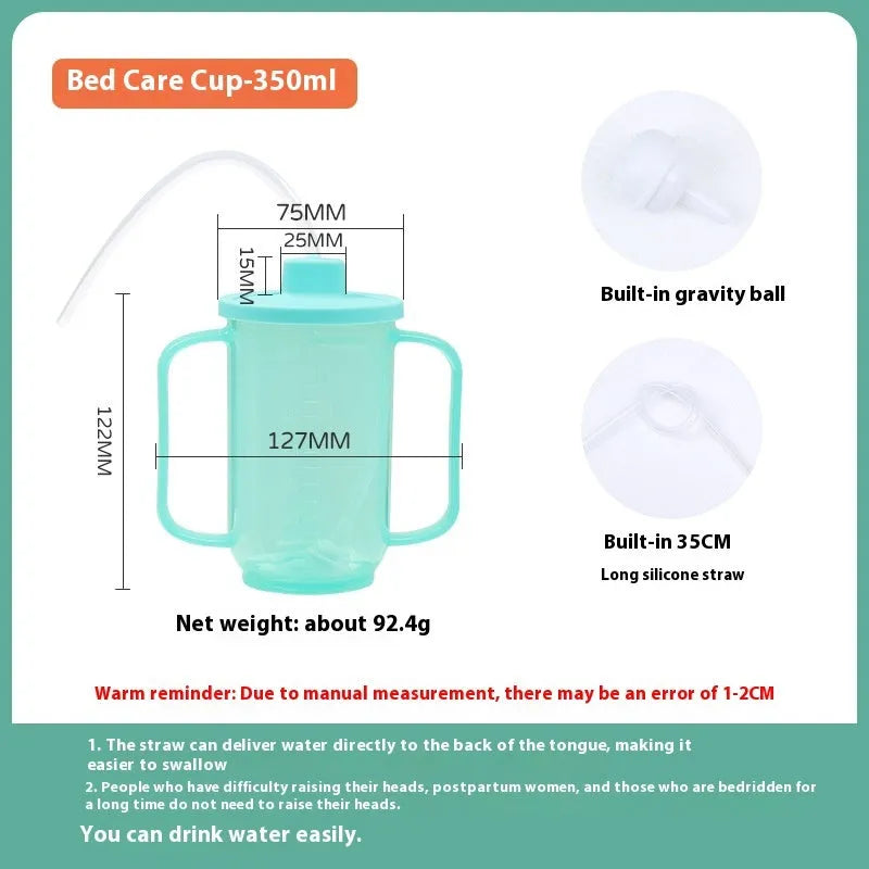 Adult bed care drinking cup with lid and handle, shown in various designs including oblique mouth choke proof cup.