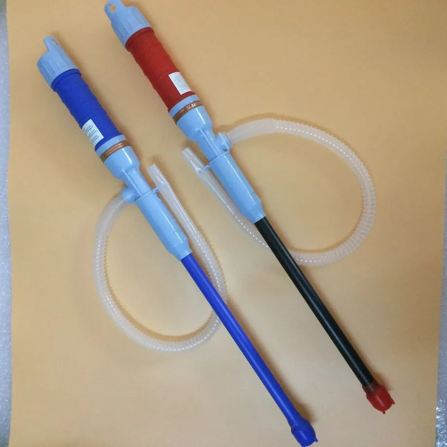 Blue manual hand siphon pump for transferring fuel, oil, and liquids.
