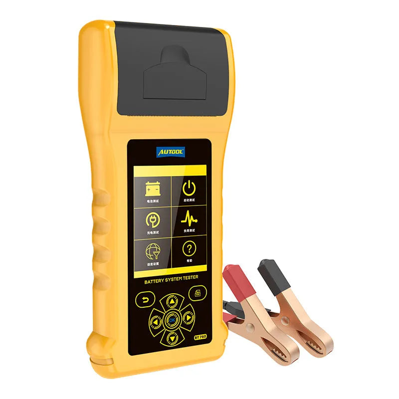 Autool BT760 vehicle battery tester with colour screen and attached test clips on a workbench.