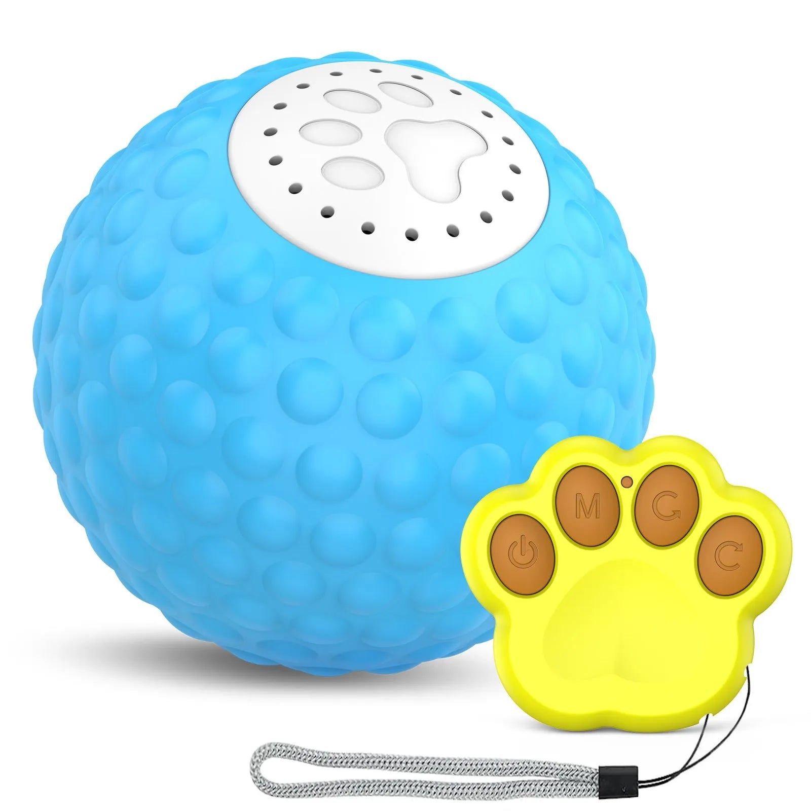 Remote control cat toy ball in blue, green, and yellow colours with wireless controller