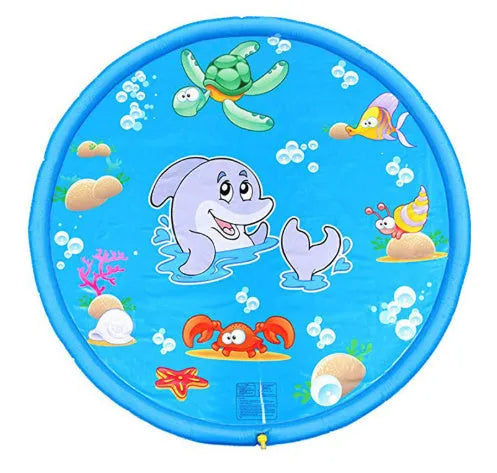 Blue PVC children's water spray play mat with marine animal graphics, measuring 100cm by 170cm