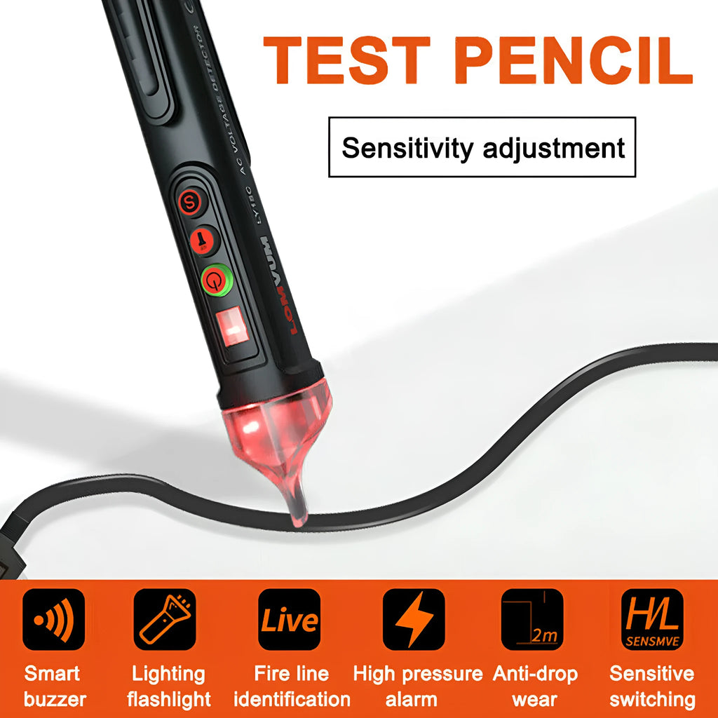 Intelligent multi-function line detection induction pen with sensor tip for electrical testing.