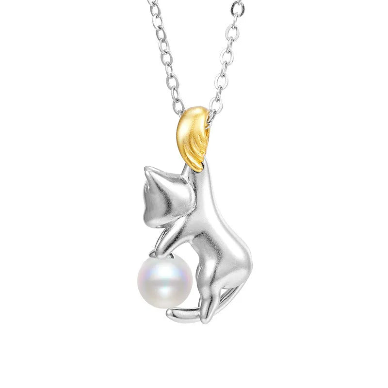 925 sterling silver clavicle chain necklace with cat pendant and electroplating finish