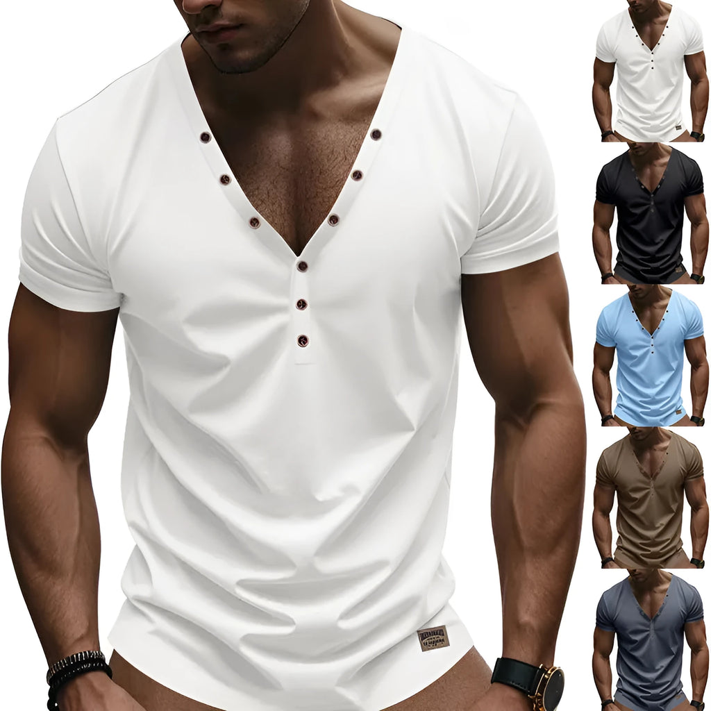 Men's loose fit thin V-neck pullover top with button detail in light blue colour.