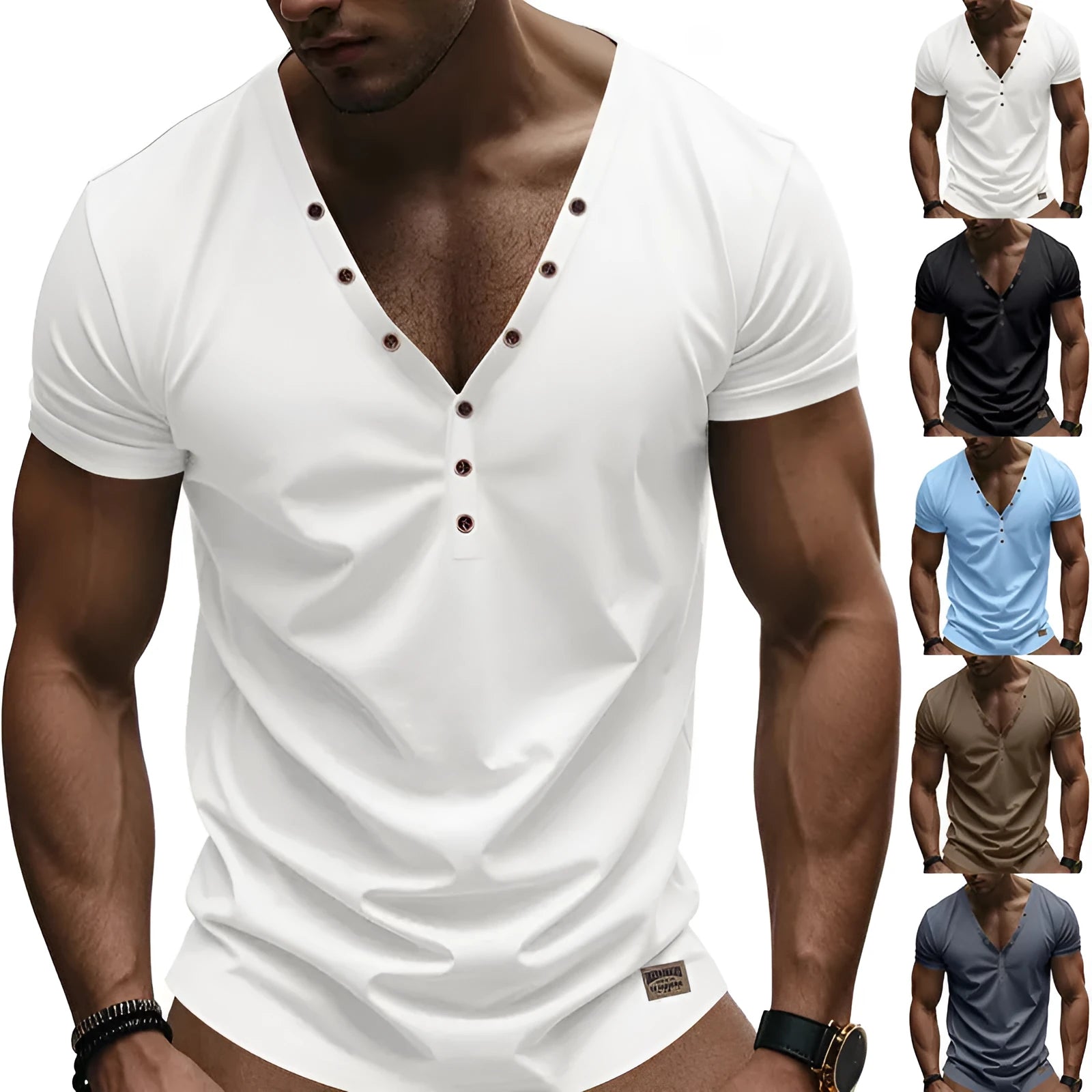 Men's loose fit thin V-neck pullover top with button detail in light blue colour.